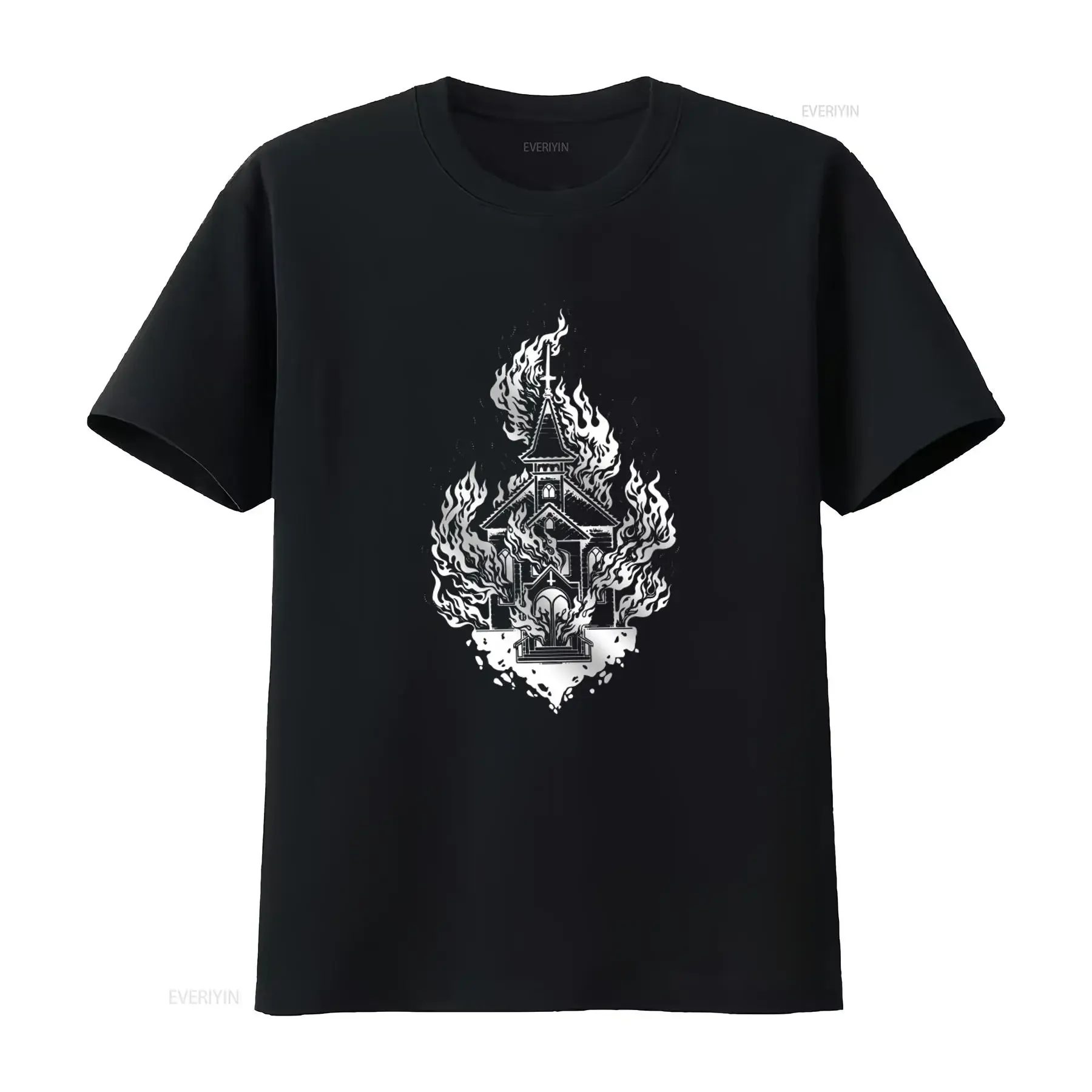 Burning Church T Shirt Punk Clothing with Witchy Goth Flair Unique Fire Design for Edgy Fashion vintage Washed Breathable