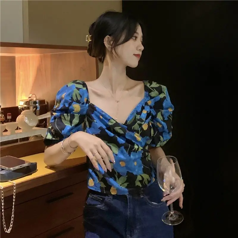 French Blue Floral Bubble Sleeve Square Collar Blouse Women Summer Slim  Aesthetic Temperament All-Match Graceful Casual Hot