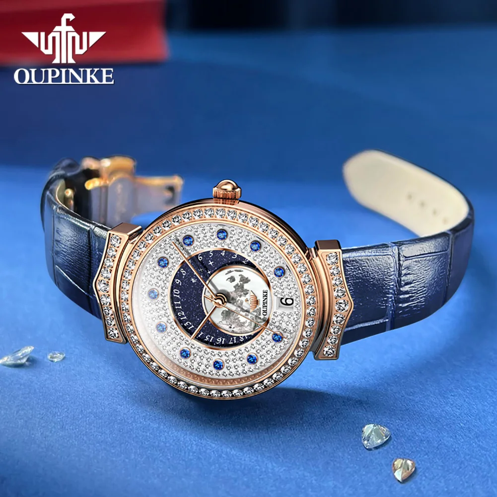 OUPINKE 3218 Original Watch for Women Starry Sky Full Diamond Swiss Import Quartz Movement Ladies Leather Strap Dress Wristwatch