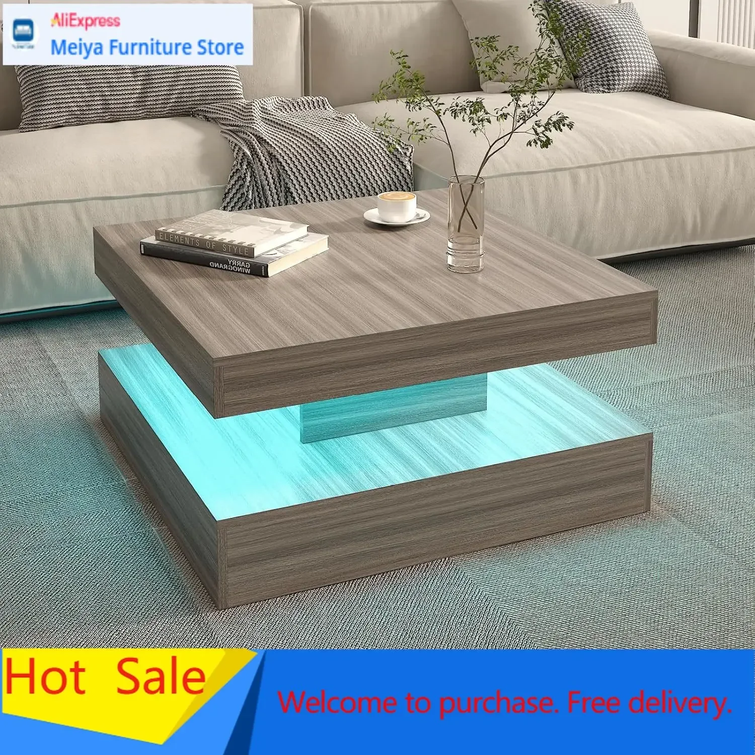 Square Coffee Table Led Wood Storage Living Room Center Table Tea Table Reception Dining
