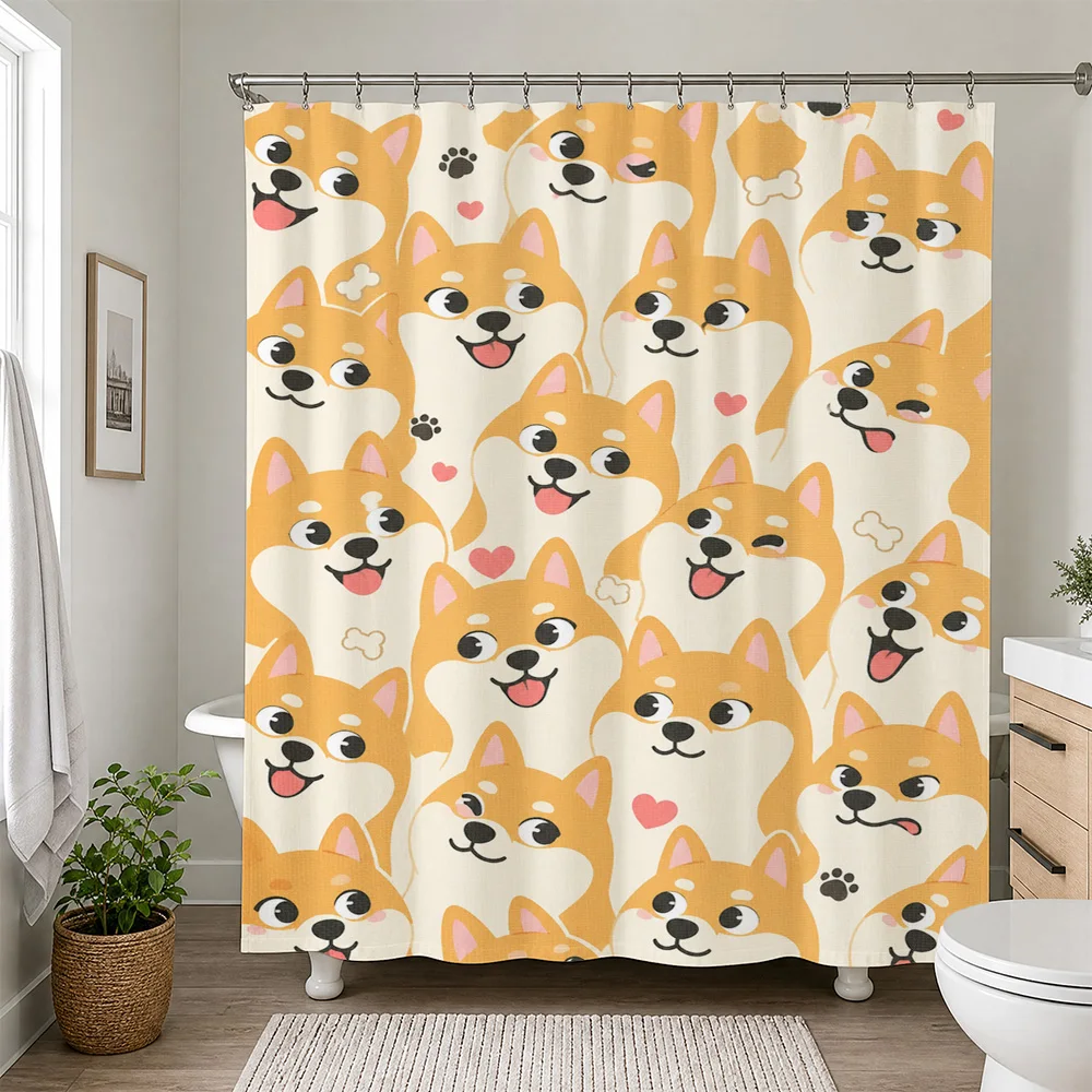Cute Shiba Inu Dog Shower Curtain Waterproof Bathroom Decor Funny Puppy Pattern Shower Curtain Liner