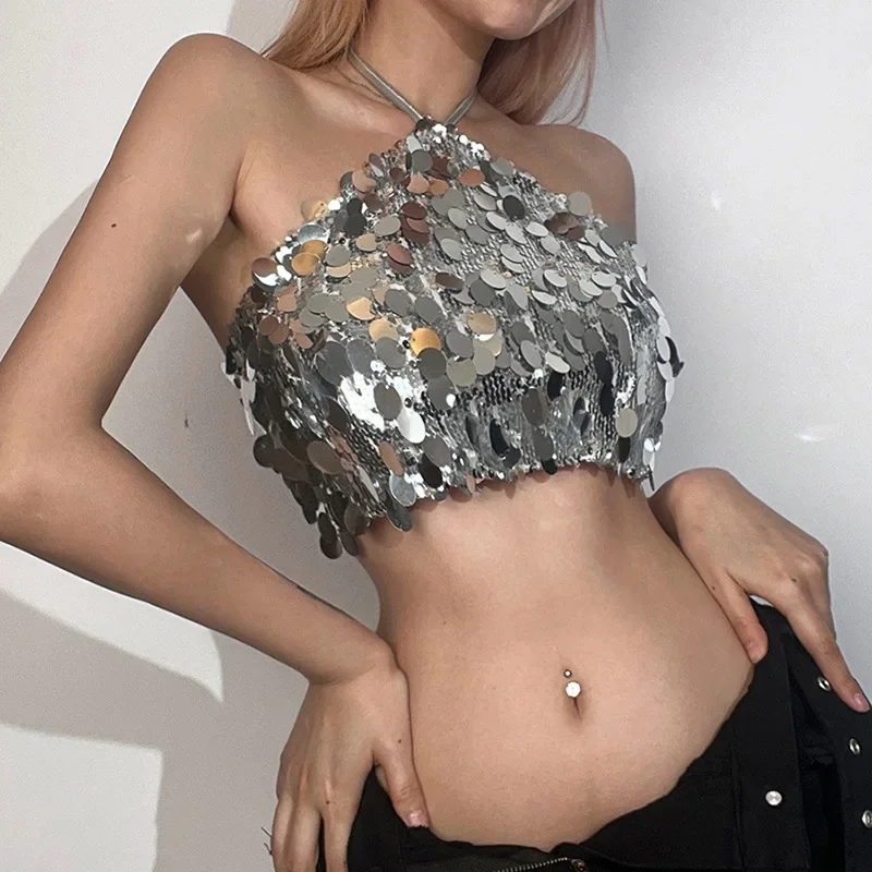 European and American style  spring and summer new women's clothing fashionable and sexy neck halter sequined small vest women