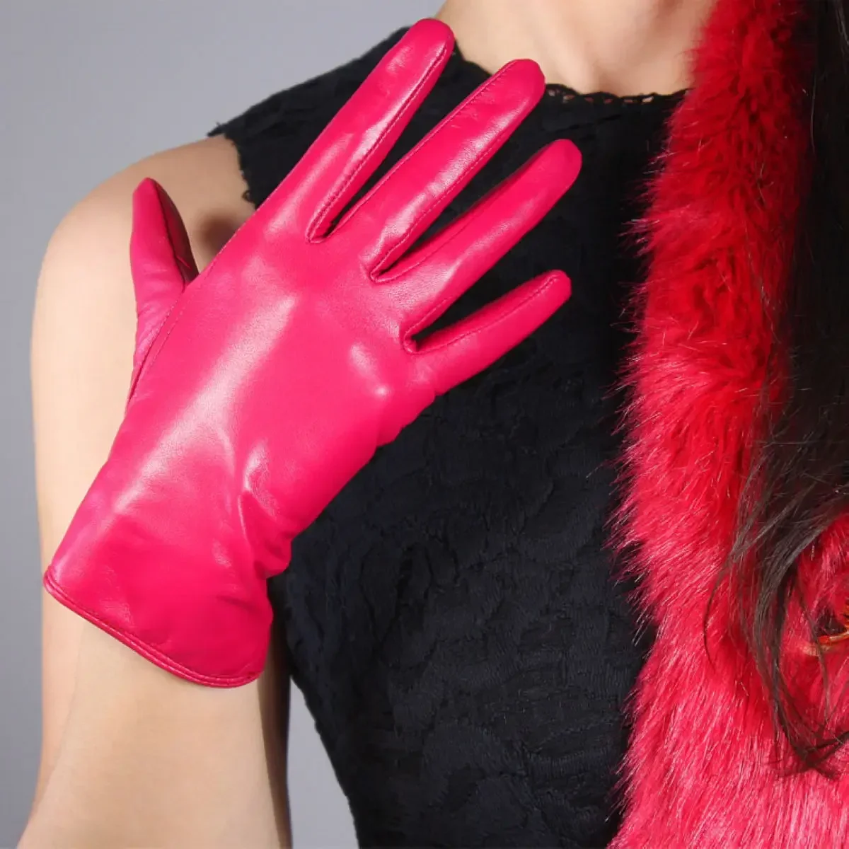 Women Genuine LEATHER GLOVES Rose Pink Magenta 25cm Wrist Short Driving Glove REAL Lambskin Evening Fashion Costume Warm Lined