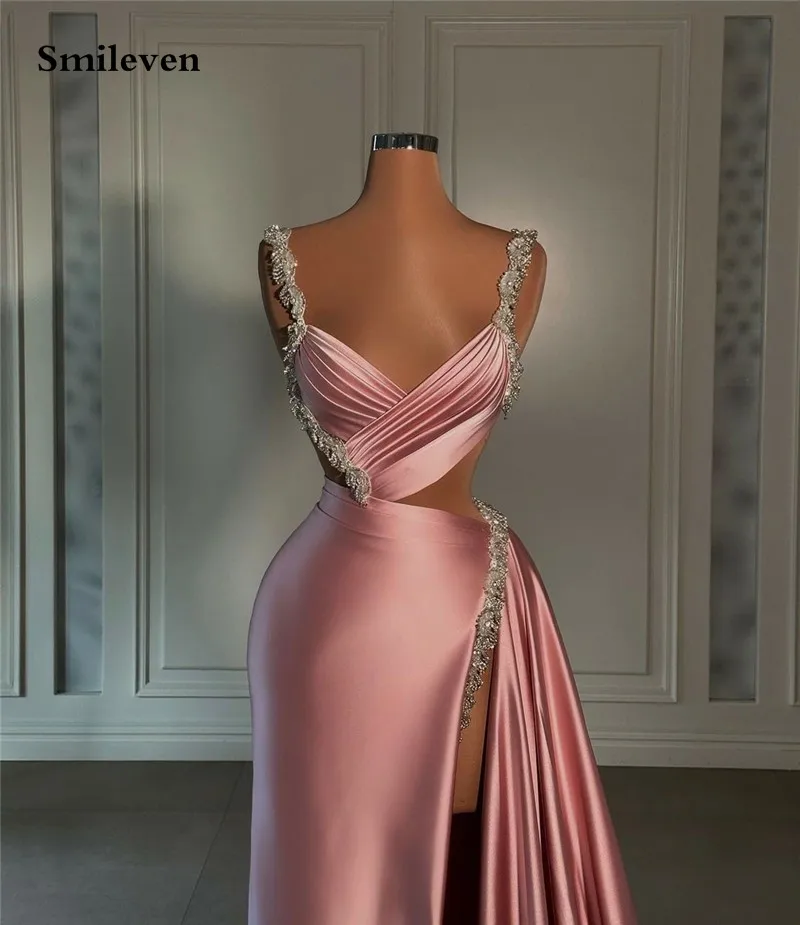 Smileven Rose Pink Formal Evening Dress Beads Spaghetti Straps Prom Dresses robe de soirée Sexy SideSplit Party Gowns Customized