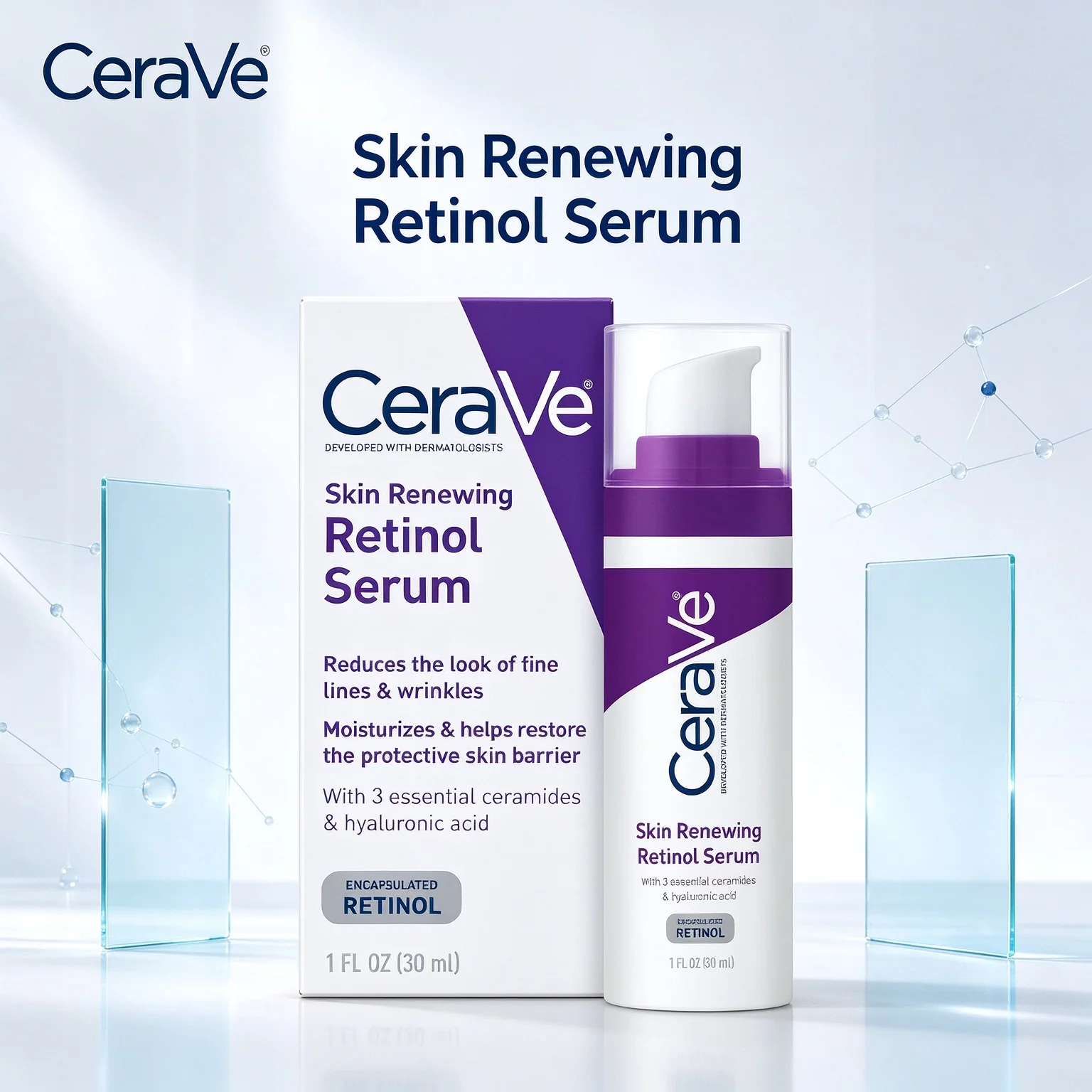 CeraVe Skin Renewing Retinol Serum 1 FL OZ /30ml Dermatologist Developed Repair Skin Barrier Hydrating Face Serum