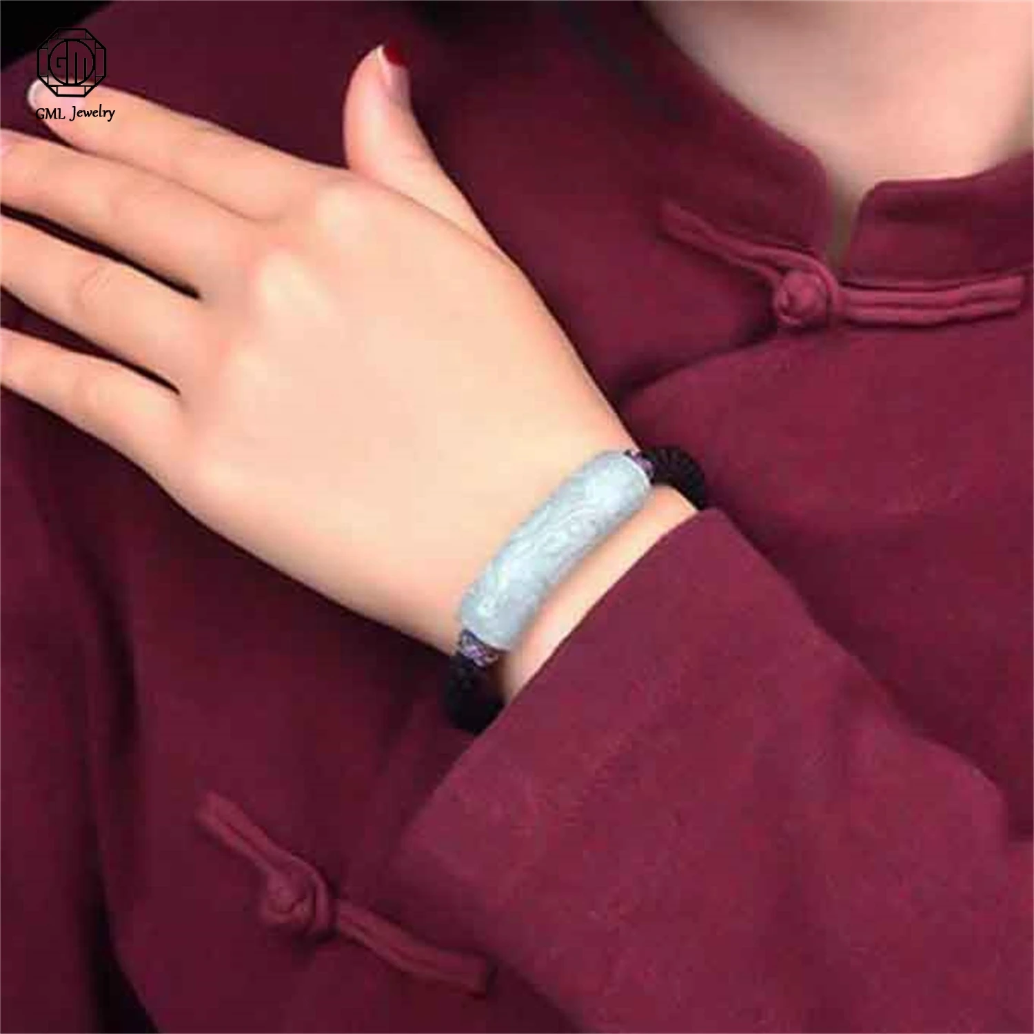 

Natural Grade A Jadeite Carved Curved Bar Continuous Fortune Braided Cord Unisex Couple Bracelet Jade Hand Jewelry Gift