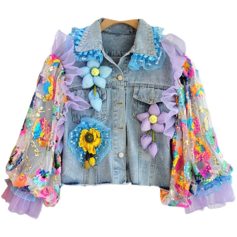 Luxury Spring Women 3D Flowers Beaded Denim Coat Loose Patchwork Mesh Sequins Jeans Bomber Jacket Gauze Cardigan Tops Streetwear