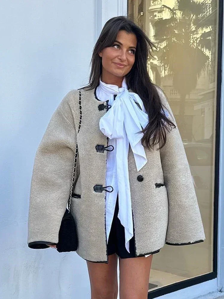 BWQ Women's Faux Wool Warm Loose Jacket Coat Round Neck Single Breasted Double Pocket Casual Overcoat Winter Female Chic Coat 6