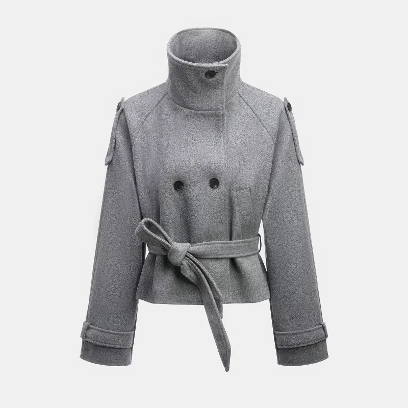 

Ele ort шерстяное пальто, двухрядное пальто с пуговицами, воротник-стойка на талии, осенне-зимнее женское пальто, модный женский костюм