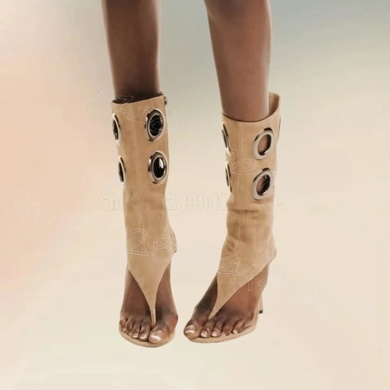 

Circle Design Beige Suede Flip Flop Sandals Boots Side Zipper Women Shoes Thin High Heels Party Dating 2025 Zapatos Para Mujere