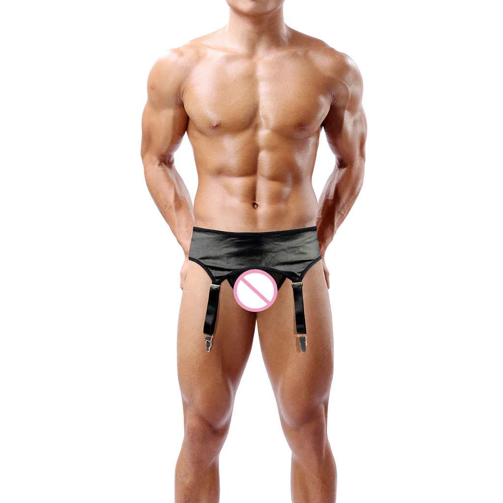 

Men's Faux Leather Underwear With Garter Belts Attachs Mesh Breathable Thong Combination Sexy Low Waist Suspender Shorts Erotic