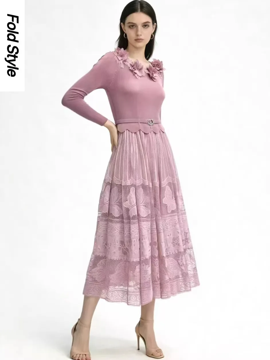 

Miyake 2026 New Spring and Autumn Flower Lace Big Skirt, Waist and Thin Women's Temperament Pleated High-end Long Dress