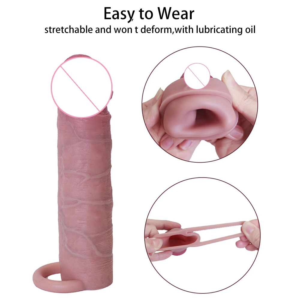 Men Sex Toy Liquid Silicone Skin Feel Penis Sleeve with Cock Ring Realistic Dildo Entender Erotic Sex Product Flexibility