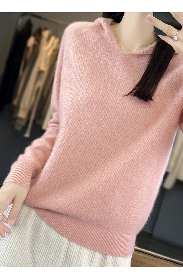 

Women's 100% Pure Cashmere Hooded Sweater, Loose Long-Sleeved Sweater, First Line, Ready-to-Wear, Knitted, Autumn, Winter