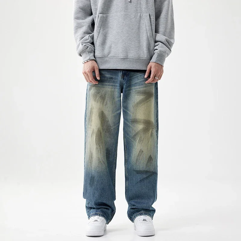 

Baggy Pants Men Wide Leg Jeans Loose Fit Dirty Denim Desinger Straight Streetwear Men's Clothing Male Trousers Vintage