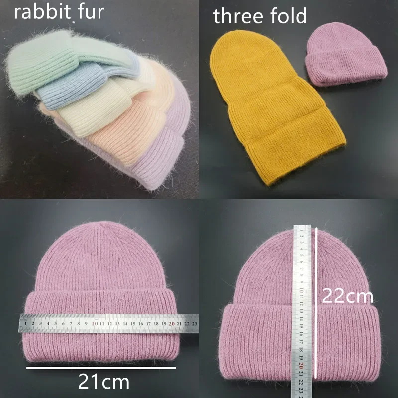 Women\'s Hat Winter Hat Beanie Real Rabbit Fur Bonnet Hats for Women Solid Skullies Knitted Female Fur Winter Hat шапка женская