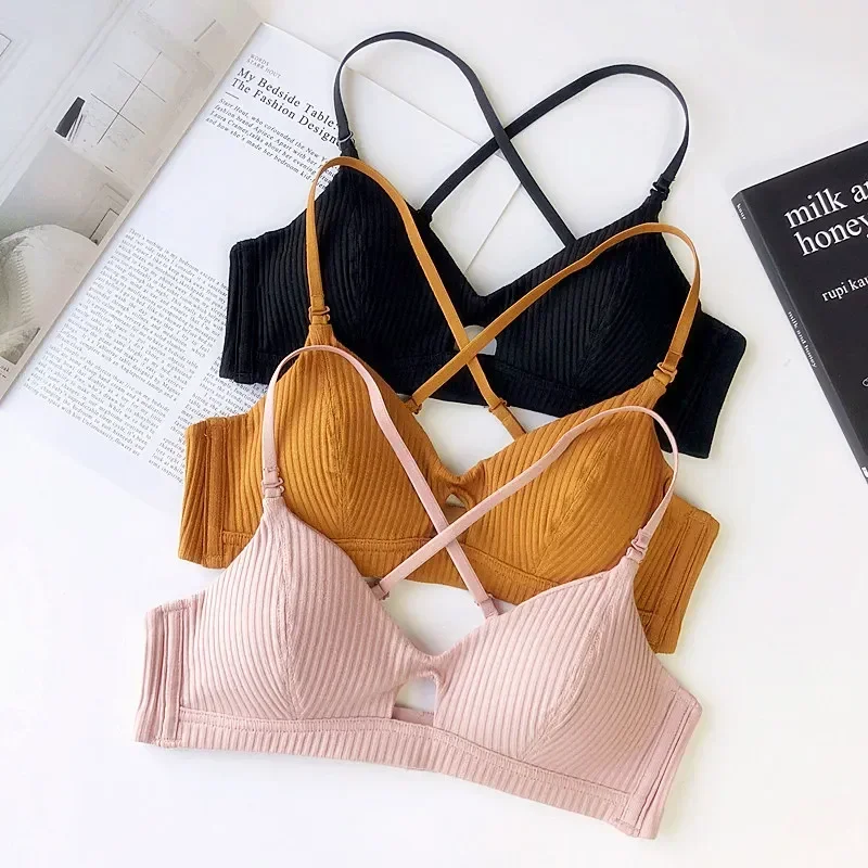 French Thread Cotton Small Triangle Cup Bras with Pad Women Sexy Sleepwear Bralette Thin Wire Free Comfort Brassiere for Girls