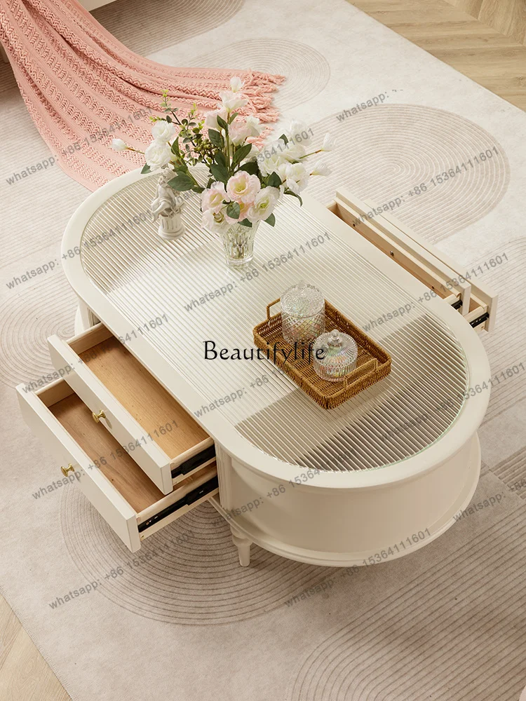 Cream Wind Coffee Table All Solid Wood Pure Log Oval Glass Coffee Table