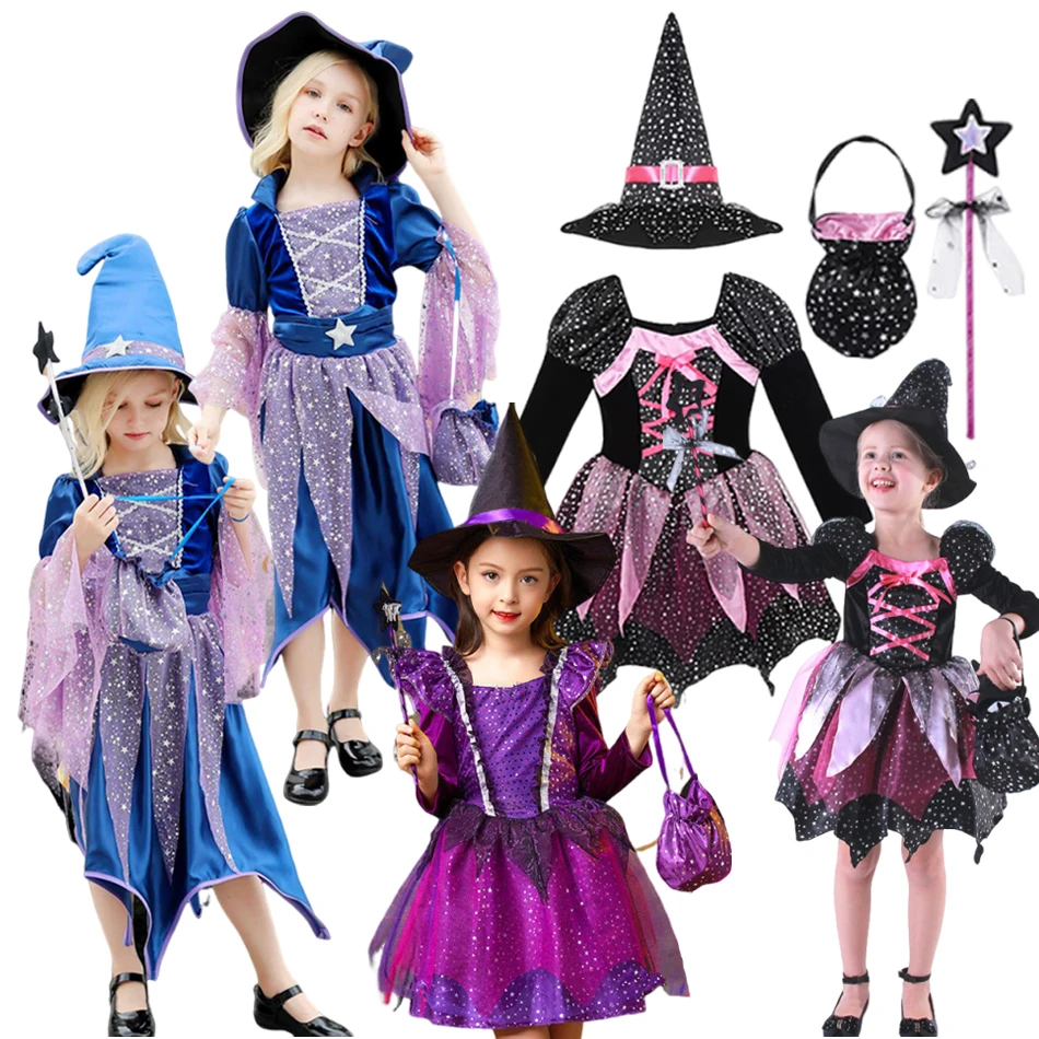 

2025 Girls Witch Costume Halloween Cosplay With Hat Magic Wand Candy Bag Kids Children Dress Kids Vestidos Party Clothes