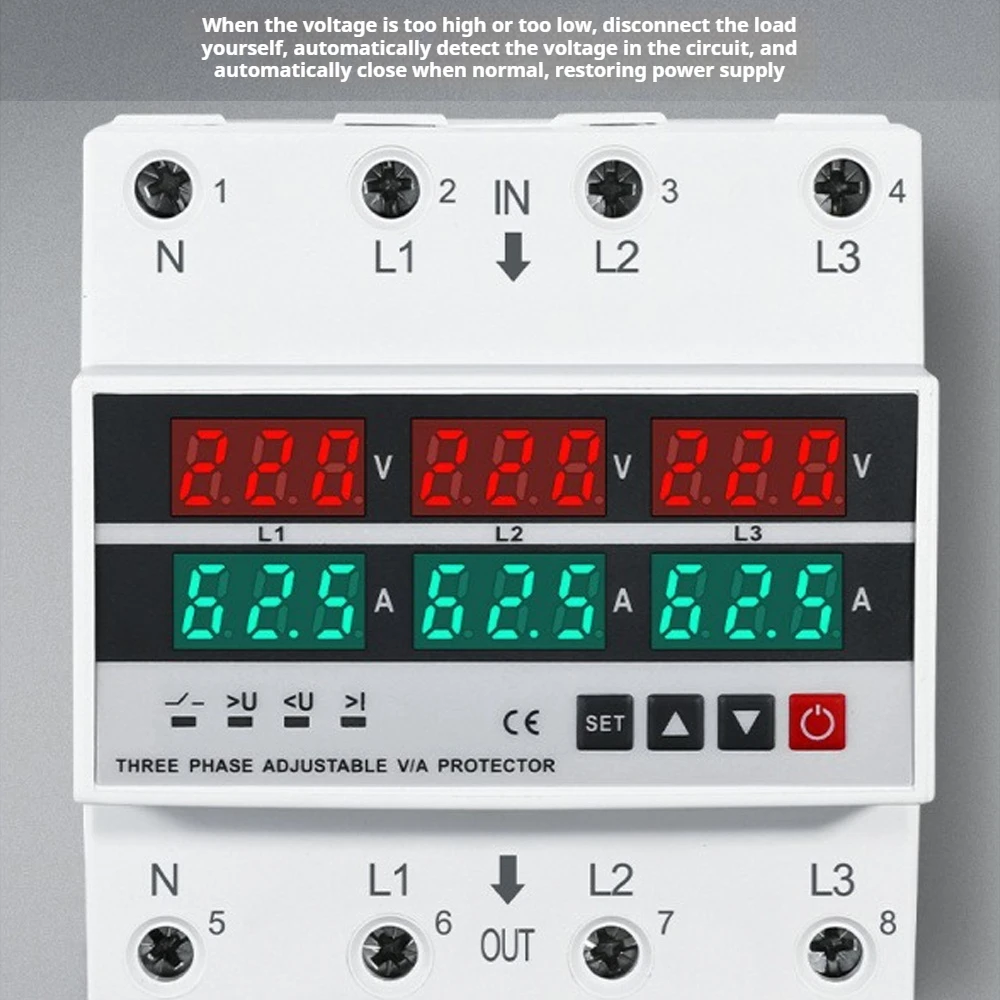 3 phase 4 wire adjustable digital display self resetting overvoltage and undervoltage current limiting protector