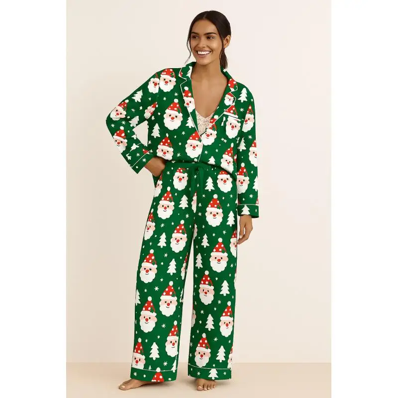 

Fashion Christmas Pajamas Set Women Luxury Silky Satin Long Sleeved Sleepwear Suit Sexy Printed Home Wear Casual Nightgowns Pjs