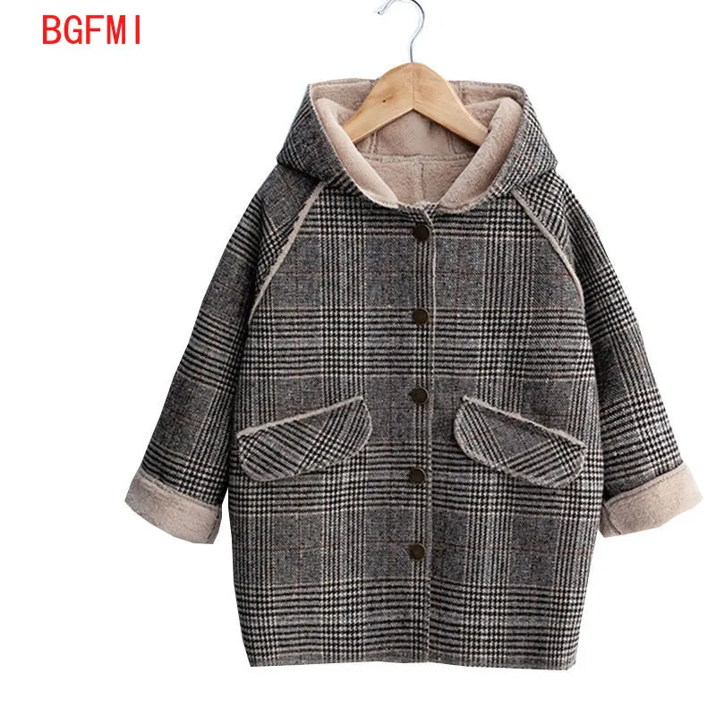 

Korean Autumn Winter Jacket Kids Girl Outerwear Lattice Velveteen Woolen coat Medium long Hooded Woolen Overcoat Imitation fur