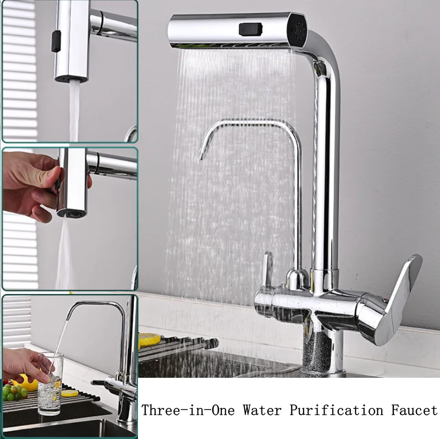 Kitchen waterfall water purifying faucet multi-functional swivel rotating vegetable washing basin pull-out and retractable