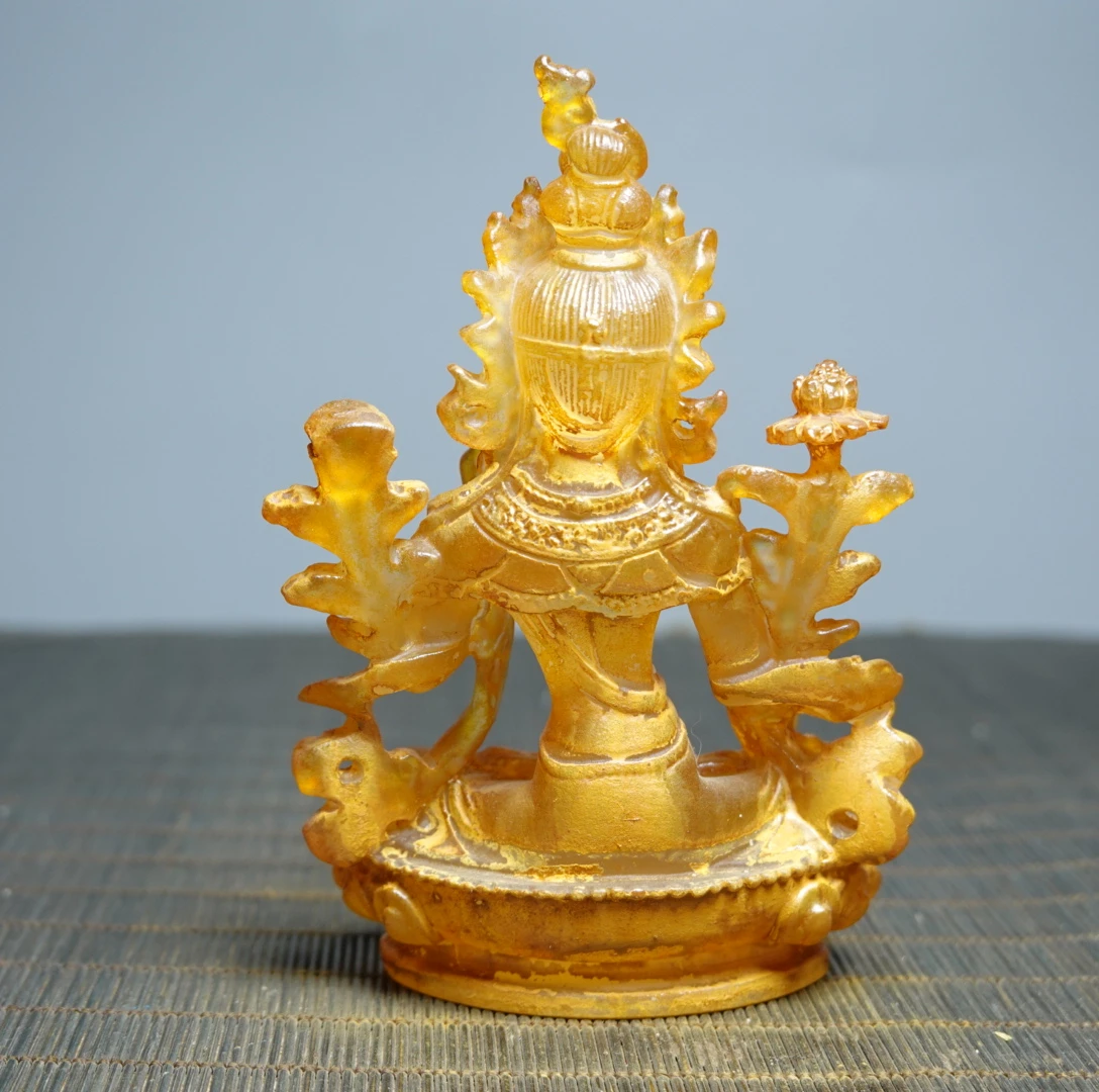 China Ancient Colored Glaze Golden Liuli Crystal Green Tara Buddha Statue Fengshui Home Decor Decoration Accessories Living Room view 4