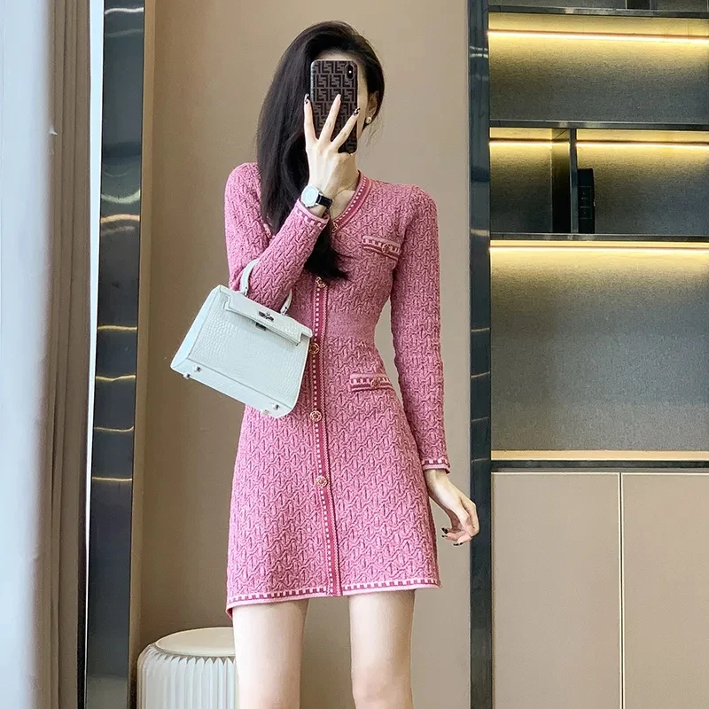 Korean Vintage Slim Knitted Dress Spring Summer Women Short Vestidos A-line Women Elegant Kleid Long Sleeve Fashion Dresses