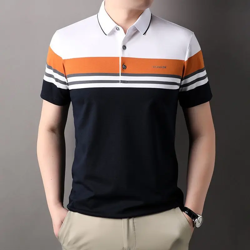 Trend Fashion Summer Polo Shirts Thin Men\'s Turn-down Collar Striped Button Contrast Color Smart Casual Loose Short Sleeve Tops