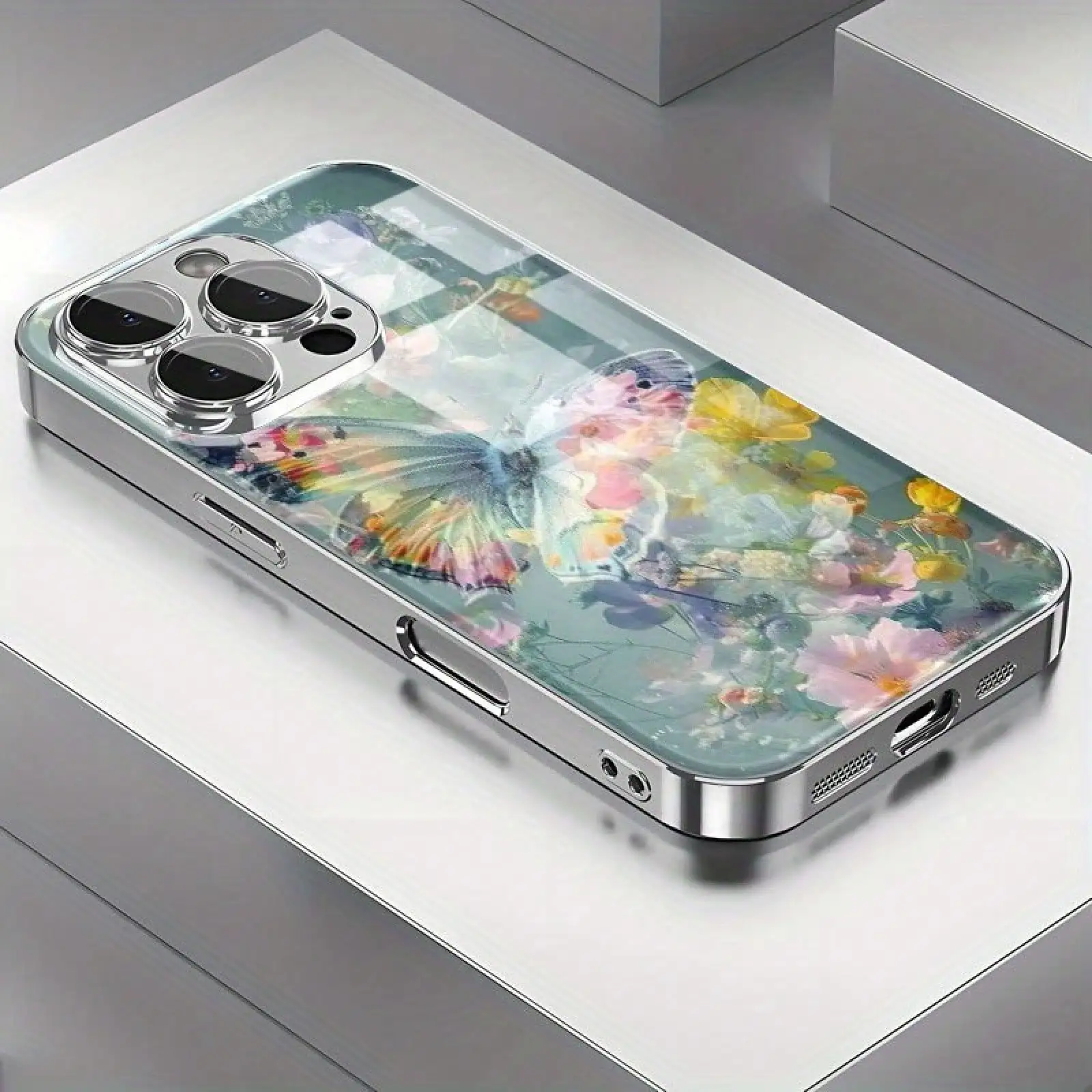 

Butterfly Pattern Glass Phone Case, Vibrant Flowers Designs For Iphone17promax, 16, 15, 14, 13, 12 And 11 Pro Models back cover