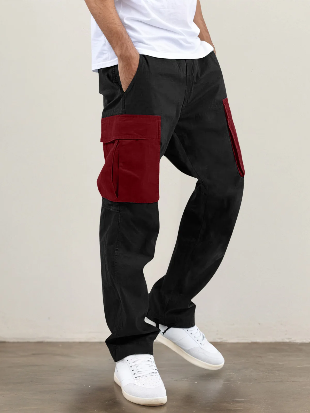 

Свободные повседневные рабочие брюки, мужские модные длинные брюки в корейском стиле, из полиэфирного волокна, с микроэластичным эффектом, дизайн с цветовыми блоками