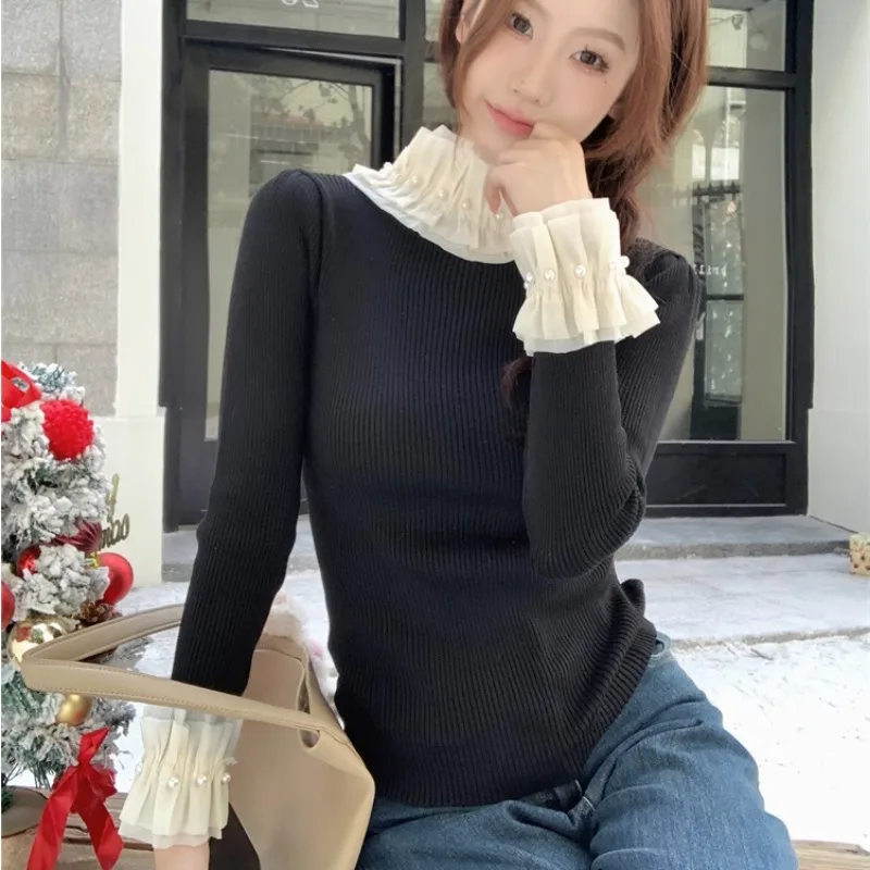 Kobiety Koreańska moda Ruffled Beaded Half High Collar Basic Knitted Sweater Autumn Winter Elegant Chic Long Sleeve Slim Pullovers