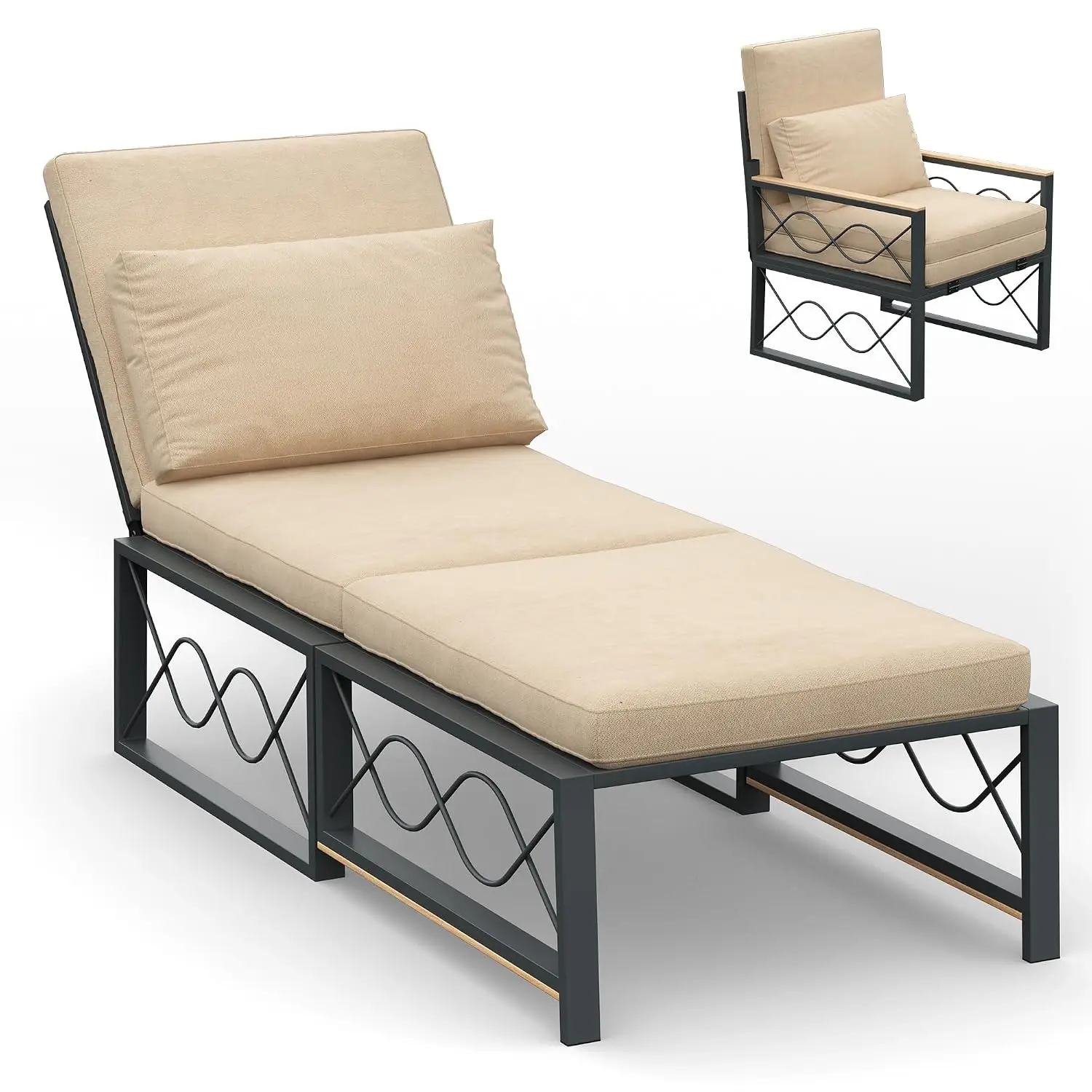 Outdoor Lounge Chair Cushion Patio Adjustable 5-Position Convertible Backrest Rust-Resistant Metal Frame Foam Beige, Customized