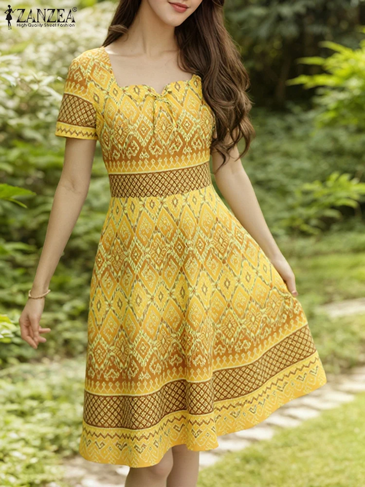 

French Knee-Length Dress Elegant Office Work Sundress Fashion A-Line Party Vestidos ZANZEA 2025 Casual Short Sleeve Robe Femme