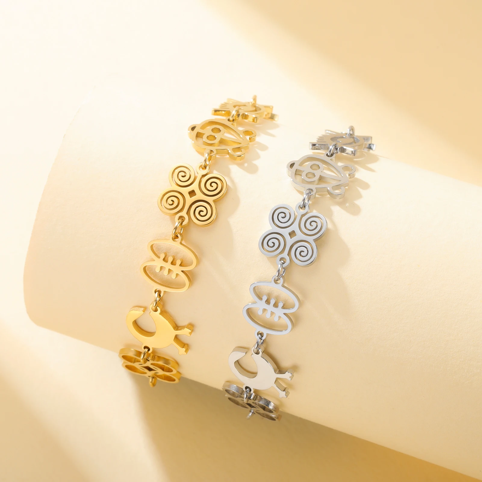 African Adinkra Symbols Charm Bracelet Stainless Steel Sankofa Bird Evil Eye Protection Amulet Ghana Akan Spiritual Jewelry