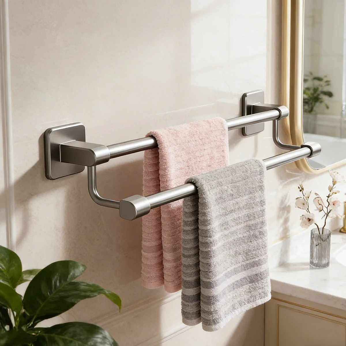 

Gunmetal Gray Double Towel Bar, No Drill Stainless Steel Towel Rack for Bathroom