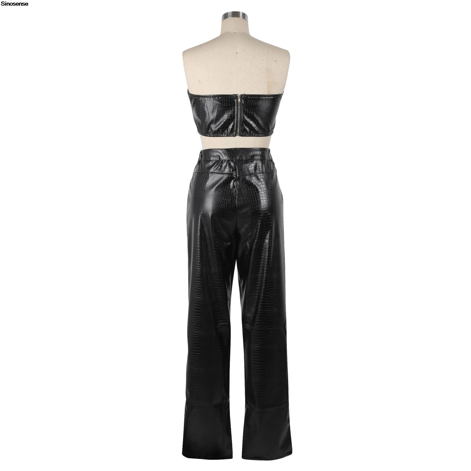 Womens Sexy Chic PU Faux Leather Two 2 Piece Sets Tube Crop Top And Wide Leg Pants Suits Y2K Going Out Night Club Party Outfits