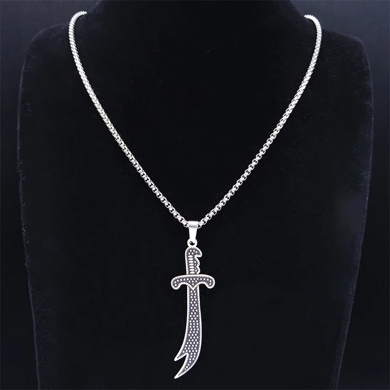 Nordic Vikings Style Islam Broadsword Stainless Steel Chain Necklaces Gold Color Long Necklace Pendant Men Jewelry Colier