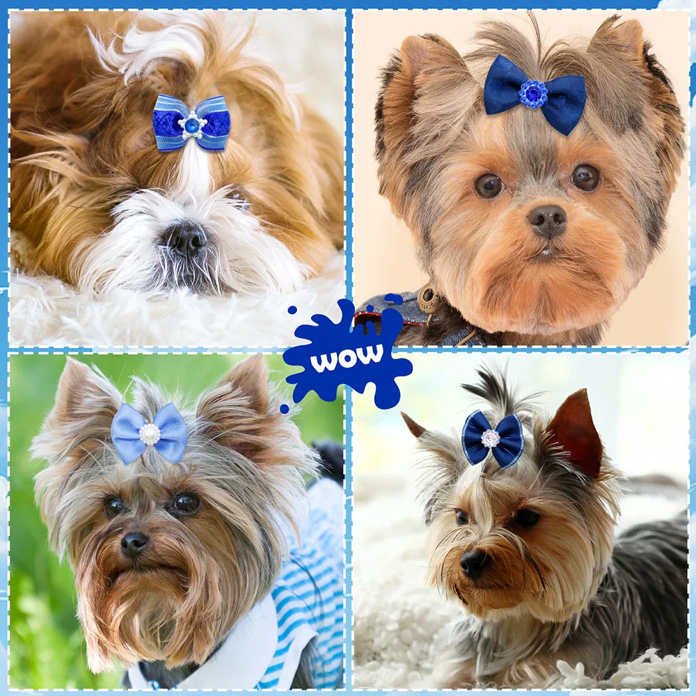 10/20PCS Blue Style Puppy Bows With Rubber Bands Handmade Dog Bows Cat Bowknots Pet Hair Accessories For Small Dogs