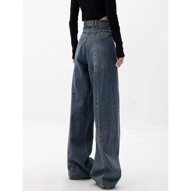 Spring Autumn Korean Fashion Streetwear High Waist Baggy Jeans Women Straight Thin Drape All-Match Wide-Leg Pants Jeans Femme