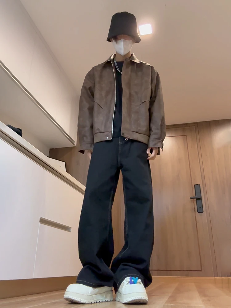 

Retro Waed Denim Color Wide Leg Loose American High Street Vibe Men's Straight Leg Floor-Length Pants Autumn Cotton Blend