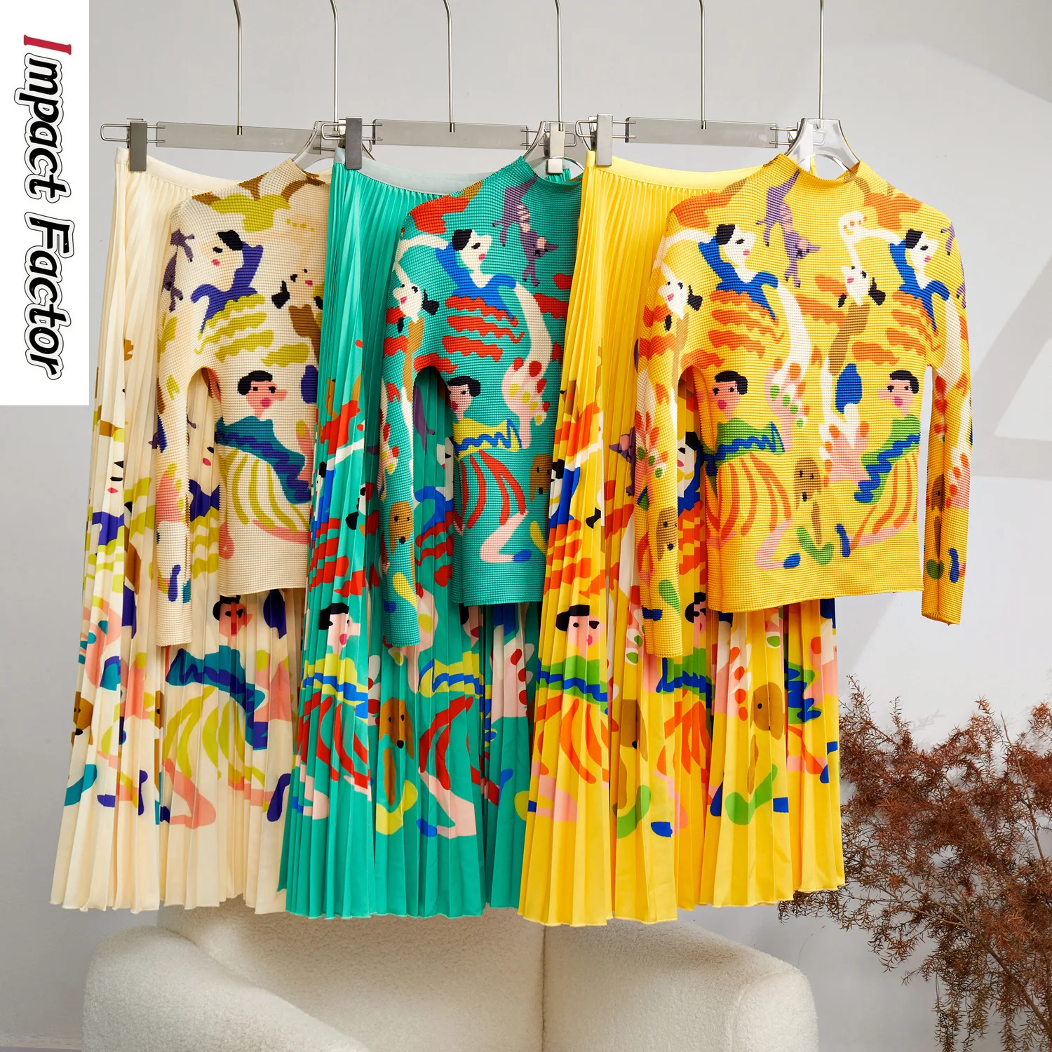 

2024 Spring/Summer Women's Cartoon Print Pleated T-shirt Half Skirt Two Piece Fashion Women's Personalized Set Fashionable