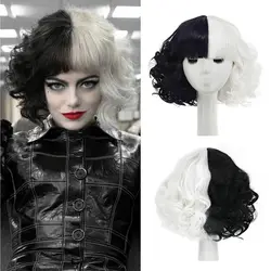 Black and White Wigs for Cruella Costume Women Short Curly Wavy Hair Wig with Wig Cute Synthetic Wigs for Party Halloween