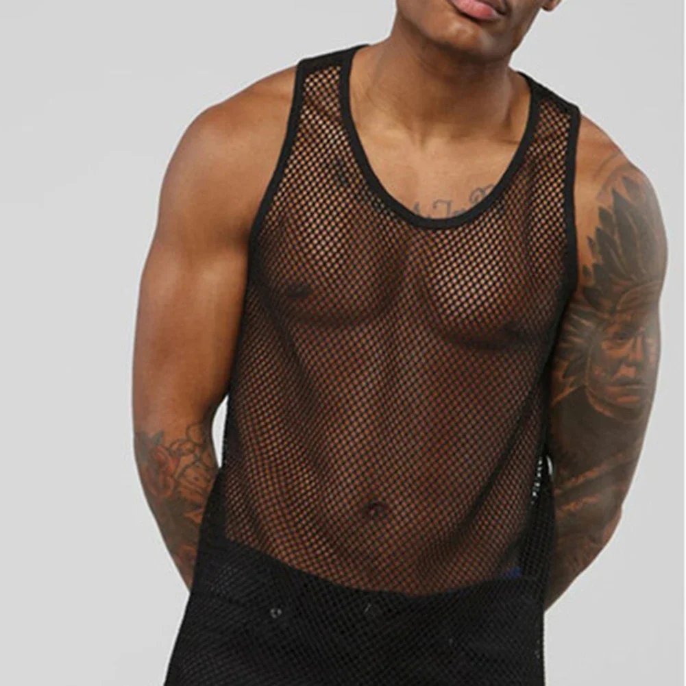 

Tank Tops Vest Men O-neck Party Nightclub Wear Polyester M-2XL Mesh Patchwork Sexy Vests Sleeveless Streetwear Tank Tops