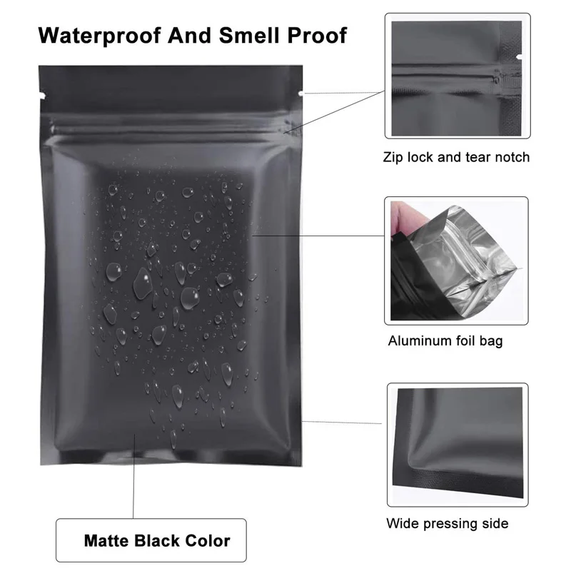 1000Pcs/Lot 11Size Black Resealable Smell Proof Bags Mylar Bags Matte Black Foil Pouch Double-Sided Flat Ziplock Bag Wholesale