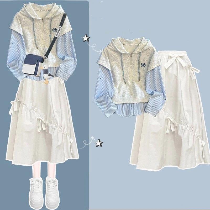 

Женская корейская весенне-осенняя лоскутная толстовка с капюшоном и бантом, юбки, комплект из 1 или двух предметов, женские топы в горошек, юбка, наряд