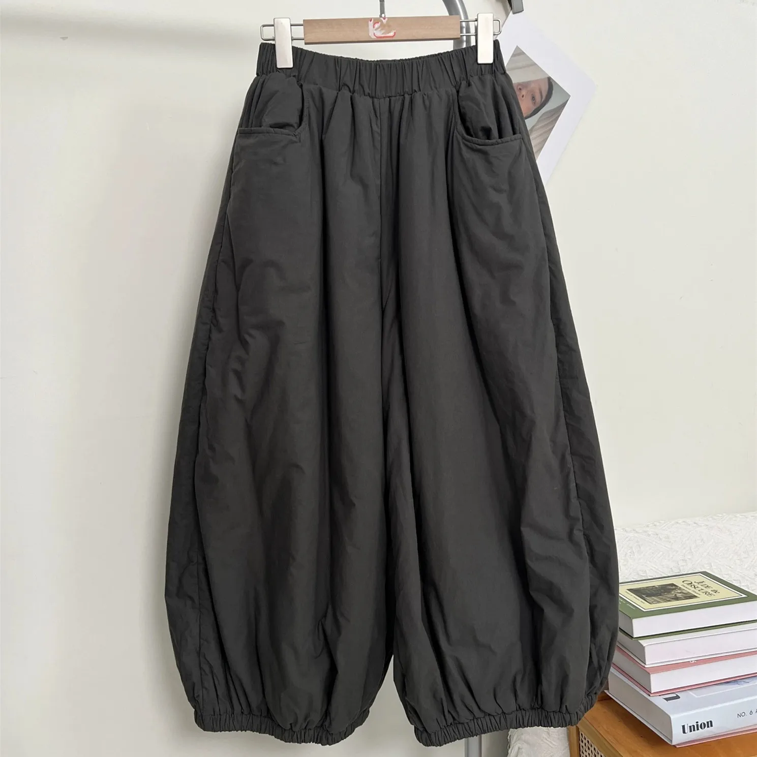 Pantalones tipo farol de pierna ancha con cintura elástica japonesa Sle, pantalones holgados de algodón de talla grande para mujer, pantalones cálidos y perezosos a la moda