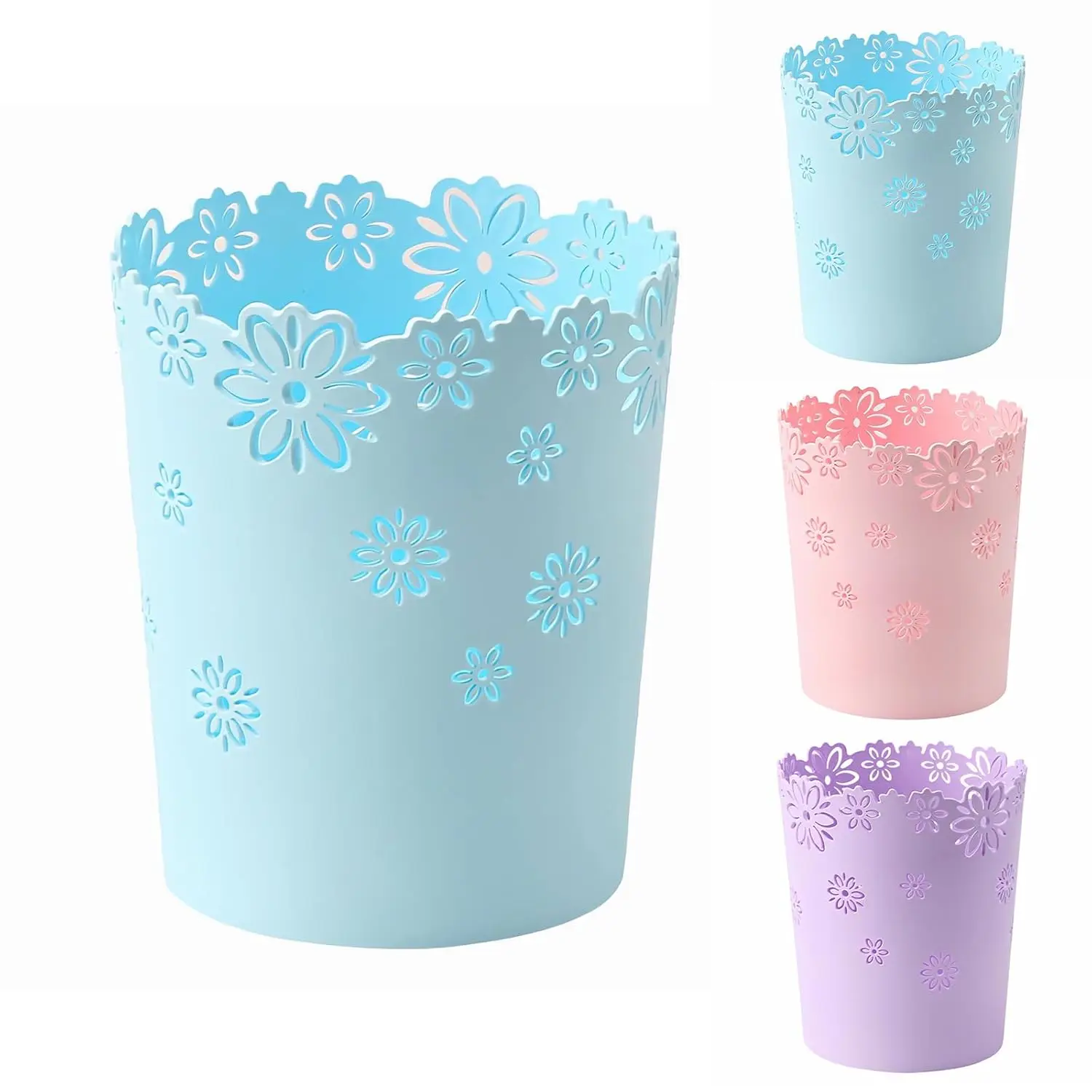 

Blue Mini Trash Can 1.8 Gal, Hollow Flower Shape, Plastic Wastebasket for Bedroom Office