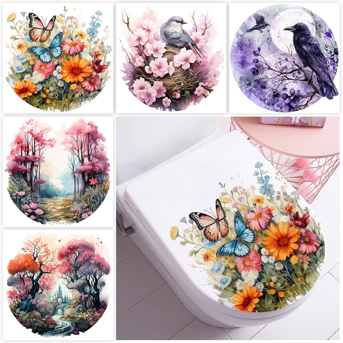 Flower Bird Pattern Wall Stickers Self-Adhesive Waterproof Decorative for Toilet Glass Wardrobe Cross-Border Home Decor